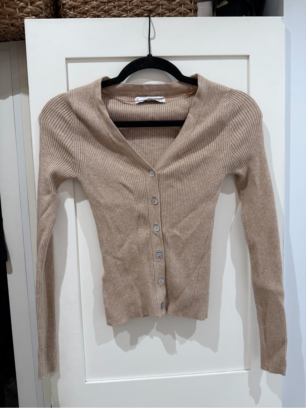 Mango Beige Ribbed Button-Up Cardigan